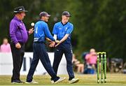 29 July 2022; Leinster Lightning players Mike O'Reilly, right,  and Tim Tector celebrate the wicket of John Matchett of Northern Knights during the Cricket Ireland Inter-Provincial Trophy match between Northern Knights and Leinster Lightning at Pembroke Cricket Club in Dublin. Photo by Sam Barnes/Sportsfile