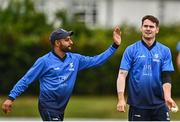 29 July 2022; Josh Little of Leinster Lightning, centre, is congratulated by team-mate Simi Singh, left, after catching out Mark Adair of Northern Knights during the Cricket Ireland Inter-Provincial Trophy match between Northern Knights and Leinster Lightning at Pembroke Cricket Club in Dublin. Photo by Sam Barnes/Sportsfile