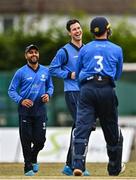 29 July 2022; George Dockrell of Leinster Lightning, centre, celebrates the wicket of Ruhan Pretorious of Northern Knights during the Cricket Ireland Inter-Provincial Trophy match between Northern Knights and Leinster Lightning at Pembroke Cricket Club in Dublin. Photo by Sam Barnes/Sportsfile