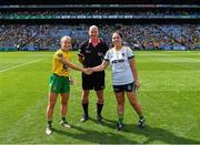 16 July 2022; Referee Shane Curley with team captains Niamh McLaughlin of Donegal and Shauna Ennis of Meath before the TG4 All-Ireland Ladies Football Senior Championship Semi-Final match between Donegal and Meath at Croke Park in Dublin. Photo by Piaras Ó Mídheach/Sportsfile