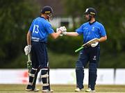 29 July 2022; Andrew Balbirnie of Leinster Lightning, right, is congratulated by team-mate Harry Tector after bringing up his half century during the Cricket Ireland Inter-Provincial Trophy match between Northern Knights and Leinster Lightning at Pembroke Cricket Club in Dublin. Photo by Sam Barnes/Sportsfile