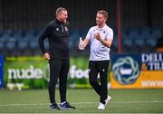 29 July 2022; Longford Town manager Gary Cronin, right, in conversation with Dundalk coach Liam Burns before the Extra.ie FAI Cup First Round match between Dundalk and Longford Town at Oriel Park in Dundalk, Louth. Photo by Ben McShane/Sportsfile