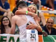 29 July 2022; Toby Thompson of Team Ireland with his mother Gillian after competing in the boys 300m final during day five of the 2022 European Youth Summer Olympic Festival at Banská Bystrica, Slovakia. Photo by Eóin Noonan/Sportsfile