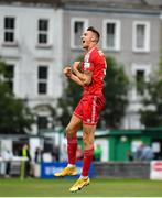 29 July 2022; Sean Boyd of Shelbourne celebrates after scoring his side's second goal during the Extra.ie FAI Cup First Round match between Bray Wanderers and Shelbourne at Carlisle Grounds in Bray, Wicklow. Photo by David Fitzgerald/Sportsfile