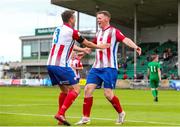 29 July 2022; Sean Guerins of Treaty United, right, celebrates after scoring his side's first goal with team-mate Marc Ludden during the Extra.ie FAI Cup First Round match between Treaty United and Usher Celtic at Markets Field in Limerick. Photo by Michael P Ryan/Sportsfile