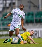 29 July 2022; Aidomo Emakhu of Shamrock Rovers is fouled by Ronan Honaphy of Bangor Celtic during the Extra.ie FAI Cup First Round match between Bangor Celtic and Shamrock Rovers at Tallaght Stadium in Dublin. Photo by Piaras Ó Mídheach/Sportsfile
