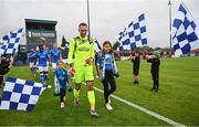 29 July 2022; Recently signed Finn Harps goalkeeper James McKeown, walks onto the pitch with his daughters Ella and Summer before the Extra.ie FAI Cup First Round match between Finn Harps and Bohemians at Finn Park in Ballybofey, Donegal. Photo by Ramsey Cardy/Sportsfile