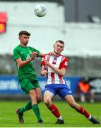 29 July 2022; Lee Devitt of Treaty United in action against Gary Gannon of Usher Celtic during the Extra.ie FAI Cup First Round match between Treaty United and Usher Celtic at Markets Field in Limerick. Photo by Michael P Ryan/Sportsfile