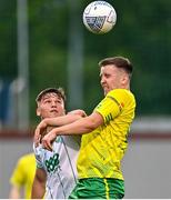 29 July 2022; Eoin Stokes of Bangor Celtic in action against Justin Ferizaj of Shamrock Rovers during the Extra.ie FAI Cup First Round match between Bangor Celtic and Shamrock Rovers at Tallaght Stadium in Dublin. Photo by Piaras Ó Mídheach/Sportsfile
