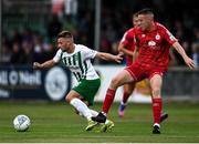 29 July 2022; Conor Clifford of Bray Wanderers in action against Jack Moylan of Shelbourne during the Extra.ie FAI Cup First Round match between Bray Wanderers and Shelbourne at Carlisle Grounds in Bray, Wicklow. Photo by David Fitzgerald/Sportsfile