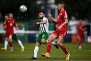29 July 2022; Paul Fox of Bray Wanderers in action against Sean Boyd of Shelbourne during the Extra.ie FAI Cup First Round match between Bray Wanderers and Shelbourne at Carlisle Grounds in Bray, Wicklow. Photo by David Fitzgerald/Sportsfile