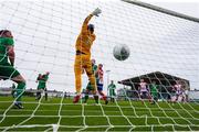 29 July 2022; Usher Celtic goalkeeper Karl Lynam fails to stop a header on goal by Sean Guerins of Treaty United during the Extra.ie FAI Cup First Round match between Treaty United and Usher Celtic at Markets Field in Limerick. Photo by Michael P Ryan/Sportsfile