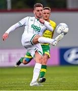 29 July 2022; Dylan Watts of Shamrock Rovers in action against Alex O'Callaghan of Bangor Celtic during the Extra.ie FAI Cup First Round match between Bangor Celtic and Shamrock Rovers at Tallaght Stadium in Dublin. Photo by Piaras Ó Mídheach/Sportsfile