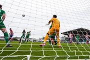29 July 2022; Sean Guerins of Treaty United heads to score his sides first goal during the Extra.ie FAI Cup First Round match between Treaty United and Usher Celtic at Markets Field in Limerick. Photo by Michael P Ryan/Sportsfile