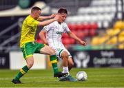 29 July 2022; Justin Ferizaj of Shamrock Rovers in action against Ronan Honaphy of Bangor Celtic during the Extra.ie FAI Cup First Round match between Bangor Celtic and Shamrock Rovers at Tallaght Stadium in Dublin. Photo by Piaras Ó Mídheach/Sportsfile