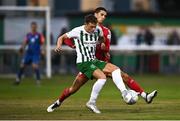 29 July 2022; Callum Thompson of Bray Wanderers in action against Shane Griffin of Shelbourne during the Extra.ie FAI Cup First Round match between Bray Wanderers and Shelbourne at Carlisle Grounds in Bray, Wicklow. Photo by David Fitzgerald/Sportsfile