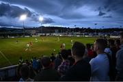 29 July 2022; Brian McManus of Shelbourne in action against Jamie Holloywood of Bray Wanderers during the Extra.ie FAI Cup First Round match between Bray Wanderers and Shelbourne at Carlisle Grounds in Bray, Wicklow. Photo by David Fitzgerald/Sportsfile