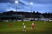 29 July 2022; Hugh Douglas of Bray Wanderers in action against Matty Smith of Shelbourne during the Extra.ie FAI Cup First Round match between Bray Wanderers and Shelbourne at Carlisle Grounds in Bray, Wicklow. Photo by David Fitzgerald/Sportsfile