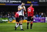 29 July 2022; Joe Adams of Dundalk reacts after a missed opportunity on goal during the Extra.ie FAI Cup First Round match between Dundalk and Longford Town at Oriel Park in Dundalk, Louth. Photo by Ben McShane/Sportsfile
