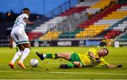 29 July 2022; Aidomo Emakhu of Shamrock Rovers evades the tackle of Sean Whelan of Bangor Celtic during the Extra.ie FAI Cup First Round match between Bangor Celtic and Shamrock Rovers at Tallaght Stadium in Dublin. Photo by Piaras Ó Mídheach/Sportsfile