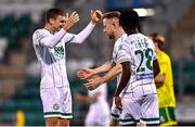 29 July 2022; Sean Hoare of Shamrock Rovers, centre, celebrates with teammate Sean Gannon, left, after scoring their side's second goal during the Extra.ie FAI Cup First Round match between Bangor Celtic and Shamrock Rovers at Tallaght Stadium in Dublin. Photo by Piaras Ó Mídheach/Sportsfile