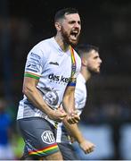 29 July 2022; Jordan Flores of Bohemians celebrates his side's third goal, scored by Junior Ogedi Uzokwe, during the Extra.ie FAI Cup First Round match between Finn Harps and Bohemians at Finn Park in Ballybofey, Donegal. Photo by Ramsey Cardy/Sportsfile