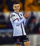 29 July 2022; Darragh Leahy of Dundalk applauds to the supporters after his side's victory in the Extra.ie FAI Cup First Round match between Dundalk and Longford Town at Oriel Park in Dundalk, Louth. Photo by Ben McShane/Sportsfile