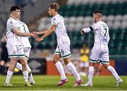 29 July 2022; Daniel Cleary of Shamrock Rovers celebrates with teammate Sean Carey, left, after scoring their side's fourth goal during the Extra.ie FAI Cup First Round match between Bangor Celtic and Shamrock Rovers at Tallaght Stadium in Dublin. Photo by Piaras Ó Mídheach/Sportsfile