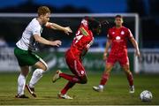29 July 2022; Dan Carr of Shelbourne in action against Hugh Douglas of Bray Wanderers during the Extra.ie FAI Cup First Round match between Bray Wanderers and Shelbourne at Carlisle Grounds in Bray, Wicklow. Photo by David Fitzgerald/Sportsfile