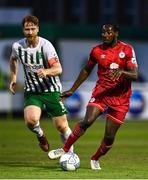 29 July 2022; Dan Carr of Shelbourne in action against Hugh Douglas of Bray Wanderers during the Extra.ie FAI Cup First Round match between Bray Wanderers and Shelbourne at Carlisle Grounds in Bray, Wicklow. Photo by David Fitzgerald/Sportsfile