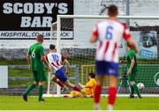 29 July 2022; Dean George of Treaty United shoots to score his side's second goal during the Extra.ie FAI Cup First Round match between Treaty United and Usher Celtic at Markets Field in Limerick. Photo by Michael P Ryan/Sportsfile