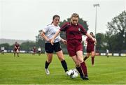 30 July 2022; Alannah O’Connor of Galway District League in action against Jamie Walsh of Wexford & District Women’s League during the FAI Women's Under-19 InterLeague Cup Final match between Galway District League and Wexford & District Women's League at Leah Victoria Park in Tullamore, Offaly. Photo by Seb Daly/Sportsfile