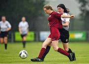 30 July 2022; Alannah O’Connor of Galway District League in action against Marykaylen Goodall of Wexford & District Women’s League during the FAI Women's Under-19 InterLeague Cup Final match between Galway District League and Wexford & District Women's League at Leah Victoria Park in Tullamore, Offaly. Photo by Seb Daly/Sportsfile