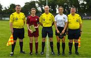 30 July 2022; Referee Ray Conlon, centre, with assistant referees Paul Tone, left, and Ciaran Bracken, right, and team captains Daisy O’Connell of Galway District League, left, and Katie Murphy of Wexford & District Women’s League before the FAI Women's Under-19 InterLeague Cup Final match between Galway District League and Wexford & District Women's League at Leah Victoria Park in Tullamore, Offaly. Photo by Seb Daly/Sportsfile