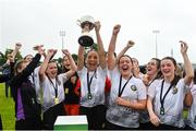 30 July 2022; Wexford & District Women's League captain Katie Murphy lifts the trophy alongside her teammates after their side's victory in the FAI Women's Under-19 InterLeague Cup Final match between Galway District League and Wexford & District Women's League at Leah Victoria Park in Tullamore, Offaly. Photo by Seb Daly/Sportsfile