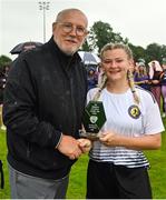 30 July 2022; Tegan Fortune of Wexford & District Women’s League is presented with the Player of the Match award by FAI Director of Competitions Fran Gavin after the FAI Women's Under-19 InterLeague Cup Final match between Galway District League and Wexford & District Women's League at Leah Victoria Park in Tullamore, Offaly. Photo by Seb Daly/Sportsfile