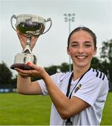 30 July 2022; Wexford & District Women's League captain Katie Murphy with the trophy after her side's victory in the FAI Women's Under-19 InterLeague Cup Final match between Galway District League and Wexford & District Women's League at Leah Victoria Park in Tullamore, Offaly. Photo by Seb Daly/Sportsfile