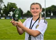 30 July 2022; Tegan Fortune of Wexford & District Women’s League with her Player of the Match award after her side's victory in the FAI Women's Under-19 InterLeague Cup Final match between Galway District League and Wexford & District Women's League at Leah Victoria Park in Tullamore, Offaly. Photo by Seb Daly/Sportsfile