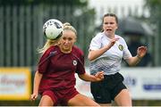 30 July 2022; Ellen Conlon of Galway District League in action against Aoife McEldowney of Wexford & District Women’s League during the FAI Women's Under-19 InterLeague Cup Final match between Galway District League and Wexford & District Women's League at Leah Victoria Park in Tullamore, Offaly. Photo by Seb Daly/Sportsfile