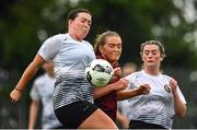 30 July 2022; Hannah Redmond of Wexford & District Women’s League and Chloe Flaherty of Galway District League during the FAI Women's Under-19 InterLeague Cup Final match between Galway District League and Wexford & District Women's League at Leah Victoria Park in Tullamore, Offaly. Photo by Seb Daly/Sportsfile