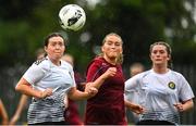 30 July 2022; Hannah Redmond of Wexford & District Women’s League and Chloe Flaherty of Galway District League during the FAI Women's Under-19 InterLeague Cup Final match between Galway District League and Wexford & District Women's League at Leah Victoria Park in Tullamore, Offaly. Photo by Seb Daly/Sportsfile