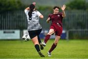 30 July 2022; Amy Coffey of Galway District League in action against Hannah Redmond of Wexford & District Women’s League during the FAI Women's Under-19 InterLeague Cup Final match between Galway District League and Wexford & District Women's League at Leah Victoria Park in Tullamore, Offaly. Photo by Seb Daly/Sportsfile