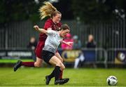 30 July 2022; Caoimhe Cowman of Wexford & District Women’s League in action against Catlin Mullen of Galway District League during the FAI Women's Under-19 InterLeague Cup Final match between Galway District League and Wexford & District Women's League at Leah Victoria Park in Tullamore, Offaly. Photo by Seb Daly/Sportsfile