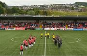 30 July 2022; Both teams walk out before the Extra.ie FAI Cup First Round match between Derry City and Oliver Bond Celtic at Ryan McBride Brandywell Stadium in Derry. Photo by Ramsey Cardy/Sportsfile
