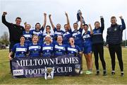 30 July 2022; Milltown in Galway celebrate their victory over St Fursey's in Galway in the Currentaccount.ie All-Ireland Ladies Football Junior Club 7-a-side Championship Final at Naomh Mearnóg's GAA club in Dublin. Photo by Piaras Ó Mídheach/Sportsfile