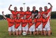 30 July 2022; St Brigid's in Mayo celebrate their victory over Muckalee in Kilkenny in the Currentaccount.ie All-Ireland Ladies Football Junior Club 7-a-side Shield Final at Naomh Mearnóg's GAA club in Dublin. Photo by Piaras Ó Mídheach/Sportsfile