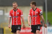 30 July 2022; Mark Connolly, left, and Patrick McEleney of Derry City during the Extra.ie FAI Cup First Round match between Derry City and Oliver Bond Celtic at Ryan McBride Brandywell Stadium in Derry. Photo by Ramsey Cardy/Sportsfile