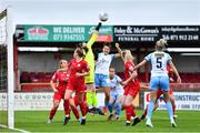 30 July 2022; Sligo Rovers goalkeeper Amy Mahon punches clear from Keeva Keenan of Shelbourne during the SSE Airtricity Women's National League match between Sligo Rovers and Shelbourne at The Showgrounds in Sligo. Photo by Ben McShane/Sportsfile