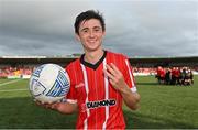 30 July 2022; Declan Glass of Derry City after scoring a hat-trick in the Extra.ie FAI Cup First Round match between Derry City and Oliver Bond Celtic at Ryan McBride Brandywell Stadium in Derry. Photo by Ramsey Cardy/Sportsfile