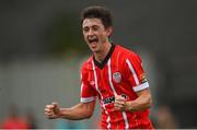 30 July 2022; Declan Glass of Derry City celebrates after scoring his side's third goal during the Extra.ie FAI Cup First Round match between Derry City and Oliver Bond Celtic at Ryan McBride Brandywell Stadium in Derry. Photo by Ramsey Cardy/Sportsfile